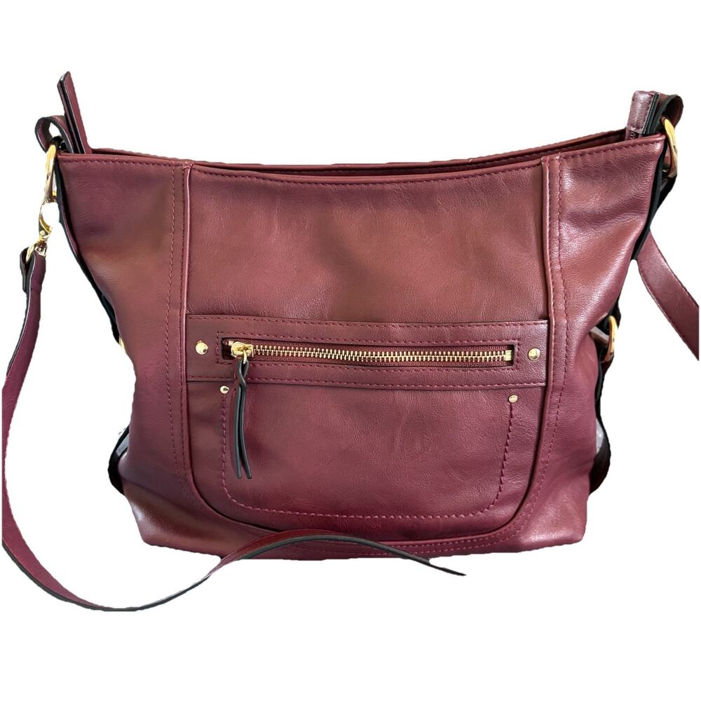 INC International Concepts Burgundy Top Zip Closure Hobo Bag Inside Pockets